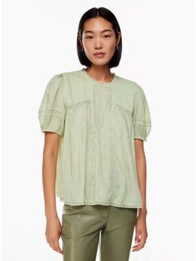Aritzia Wilfred Light Green Lace-Trim Puff Sleeve Wallflower Blouse Sz M